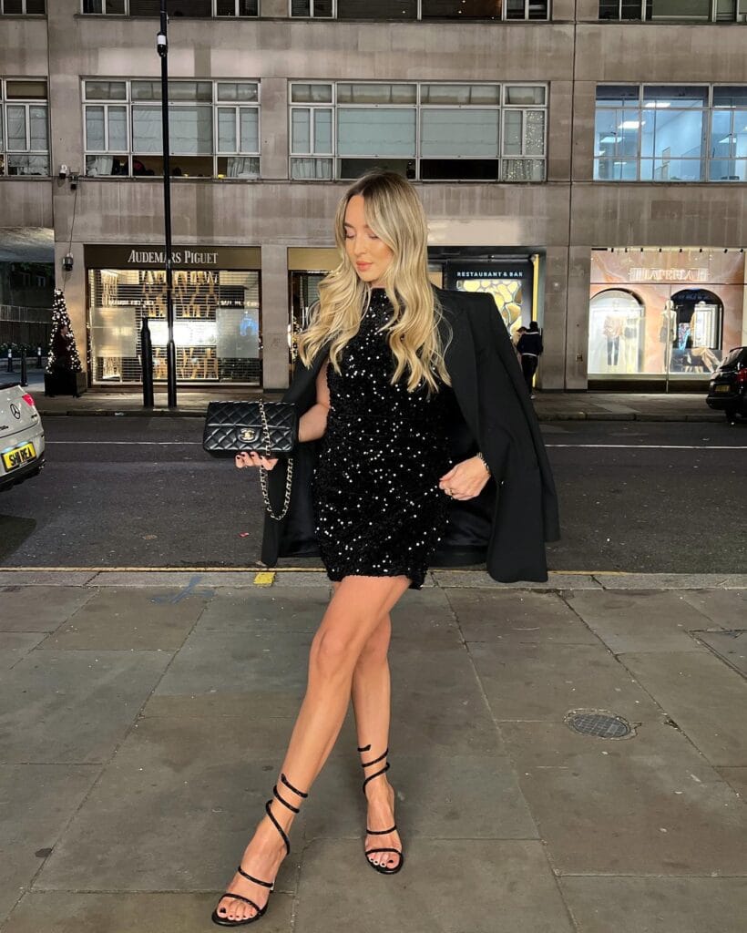 Woman in black sequin mini dress and blazer with strappy heels, standing on city street, New Year’s Eve outfit.
