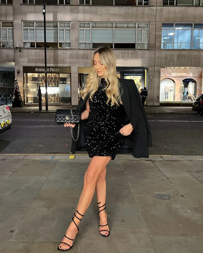 Woman in black sequin mini dress and blazer with strappy heels, standing on city street, New Year’s Eve outfit.
