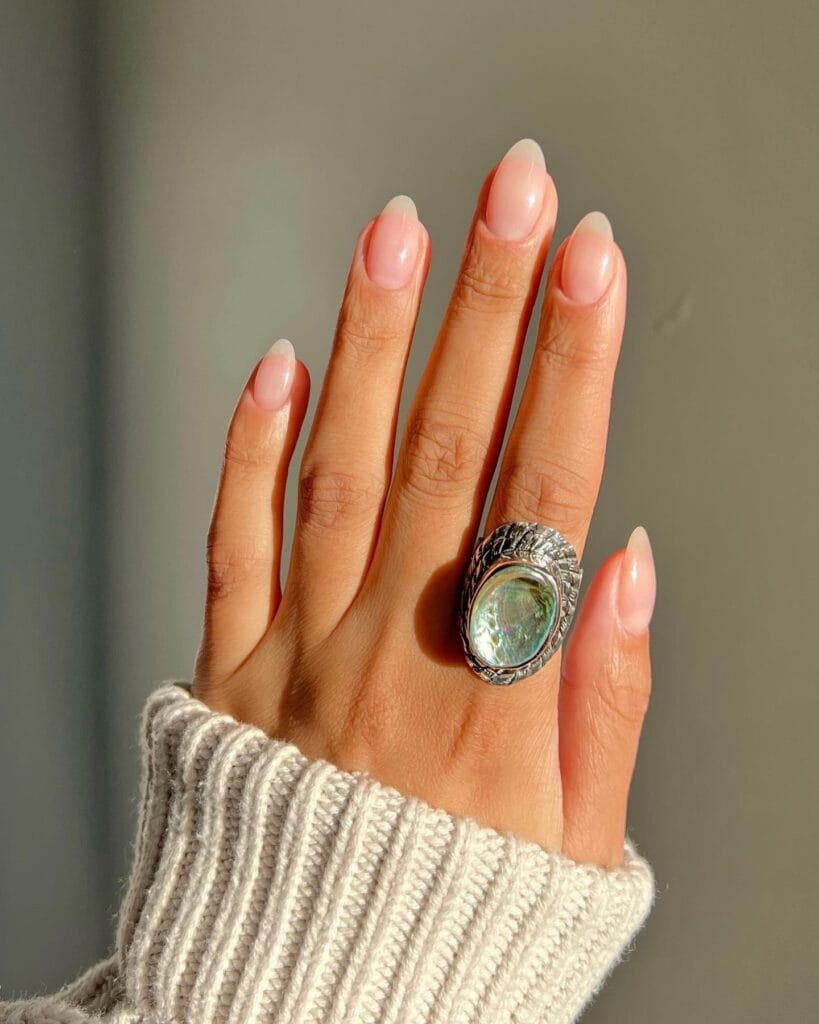 sheer natural pink nails with soft gloss, minimal winter old money nail style
