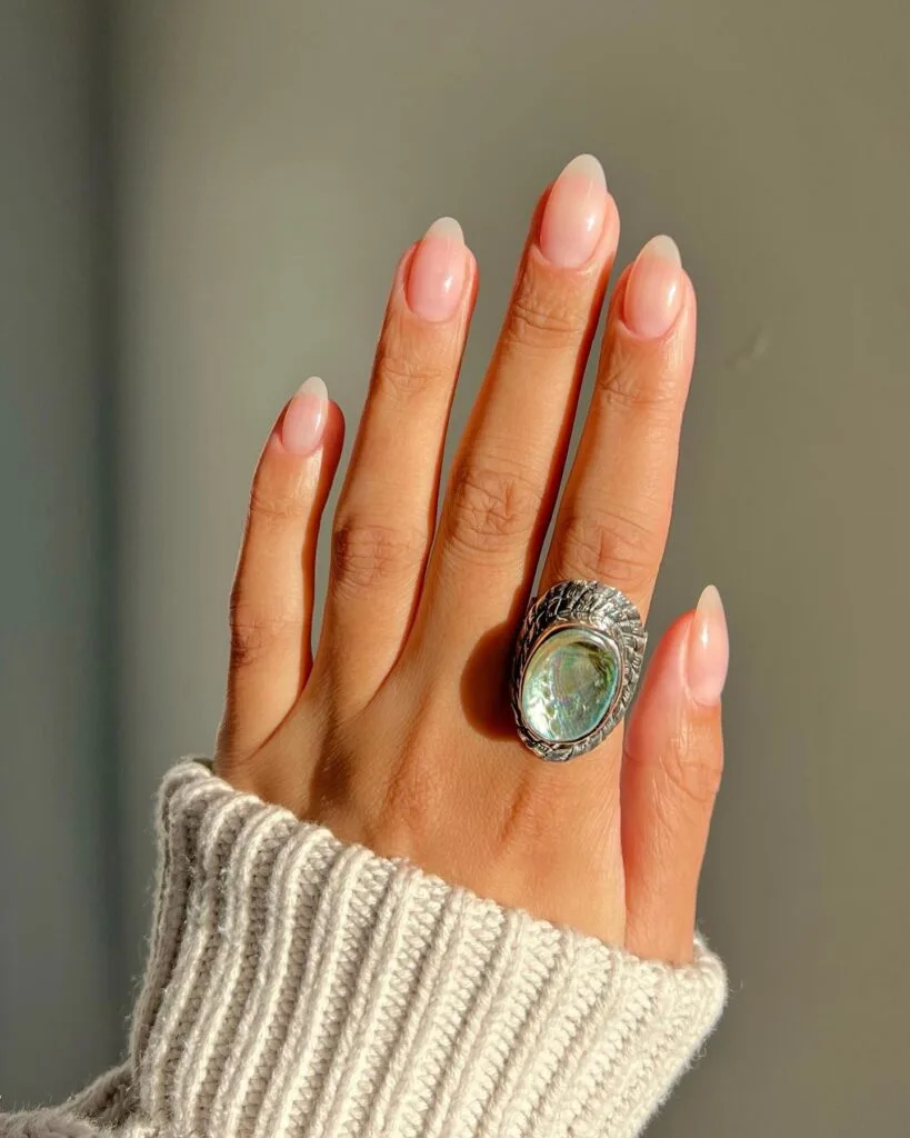 sheer natural pink nails with soft gloss, minimal winter old money nail style
