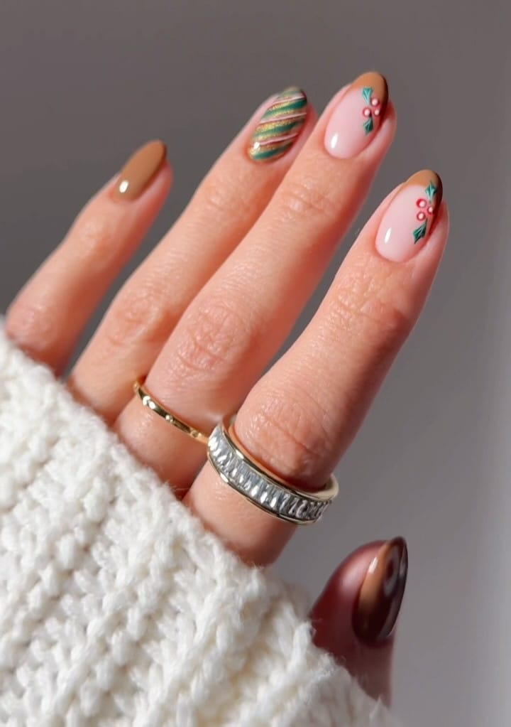 brown nails, green metallic stripes, holly berry nail art, December nail ideas
