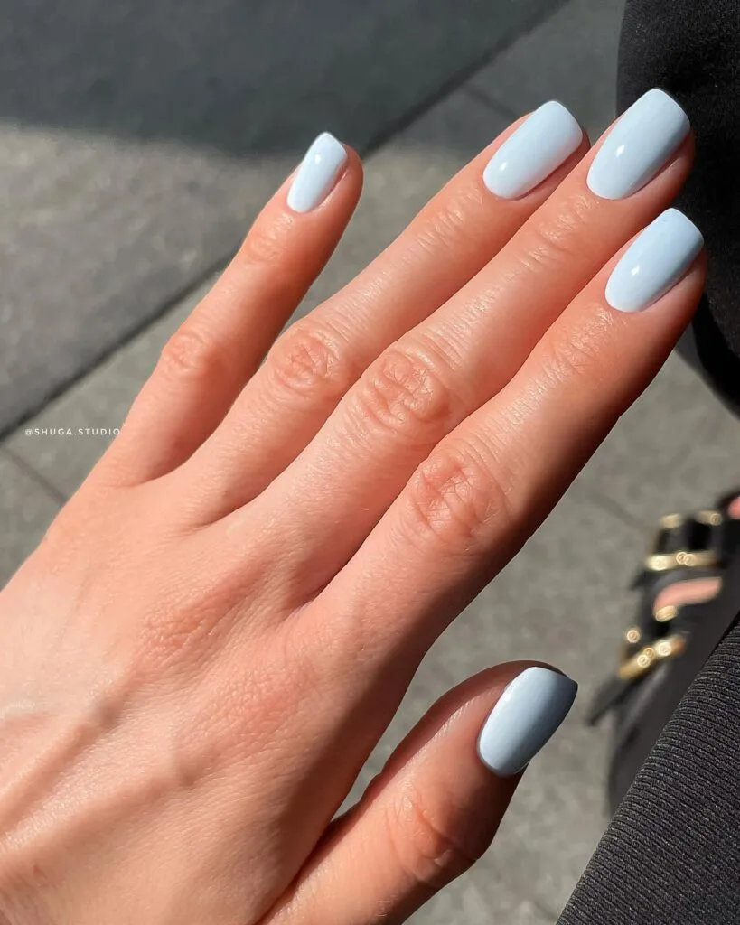 short powder blue nails with glossy finish, simple winter old money nails
