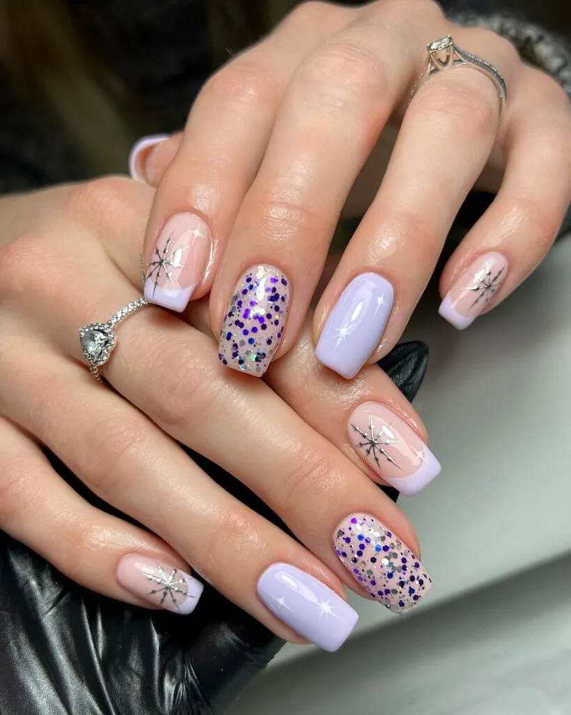 lilac nails with silver snowflakes and chunky glitter, Christmas and winter nail inspiration