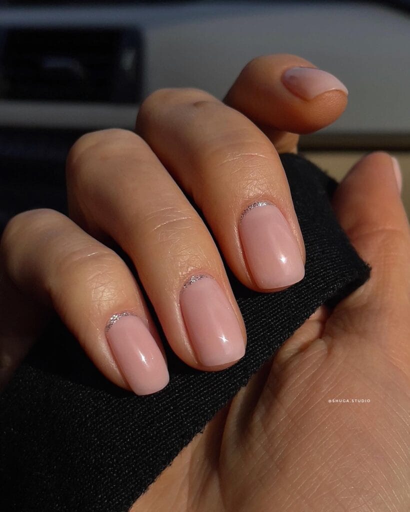 nude nails with thin silver cuticle shimmer, minimal winter old money nails
