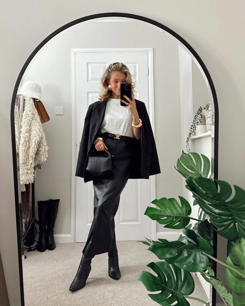 winter date outfit with black blazer, white tee, black leather skirt, boots
