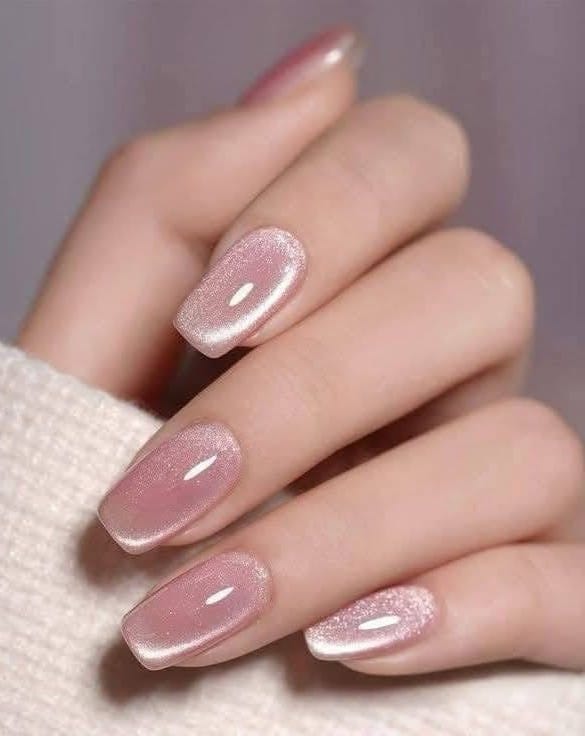 2026 nail trends, soft pink glass nails with shimmery translucent finish