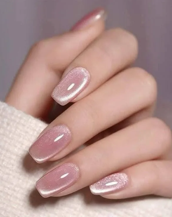 2026 nail trends, soft pink glass nails with shimmery translucent finish