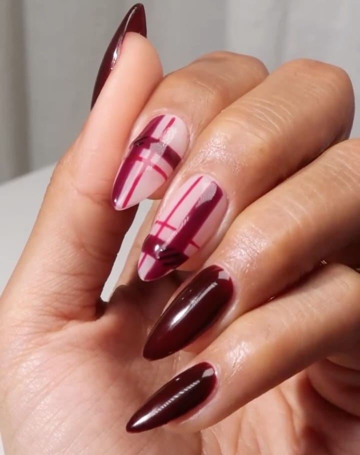 2026 nail trends, burgundy plaid accent nails on stiletto shape