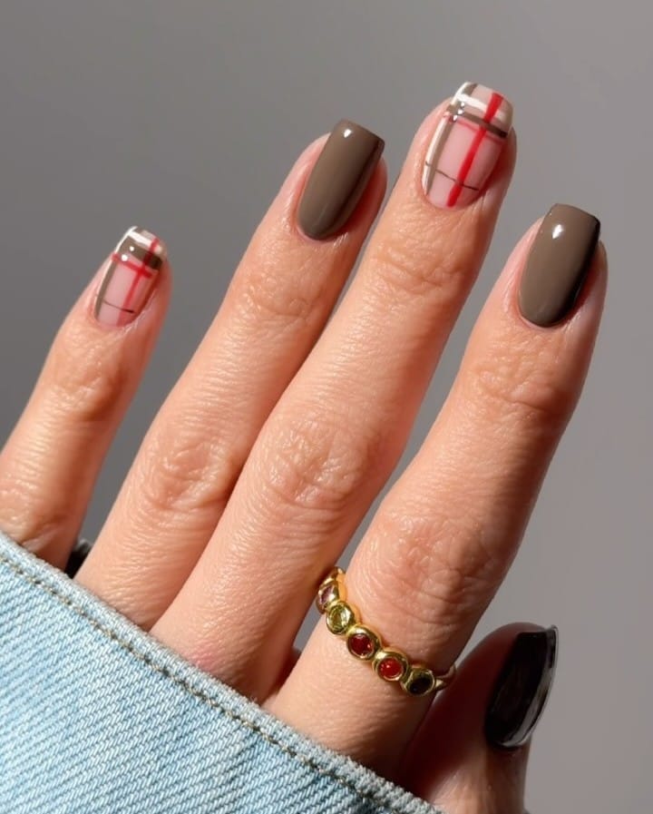 2026 nail trends, red and brown plaid accent nails with solid taupe, gold ring
