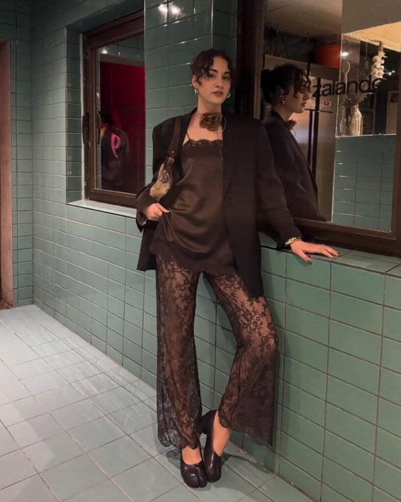 2026 fashion trends, brown lace cami top with brown lace pants, oversized blazer, romantic lace layering