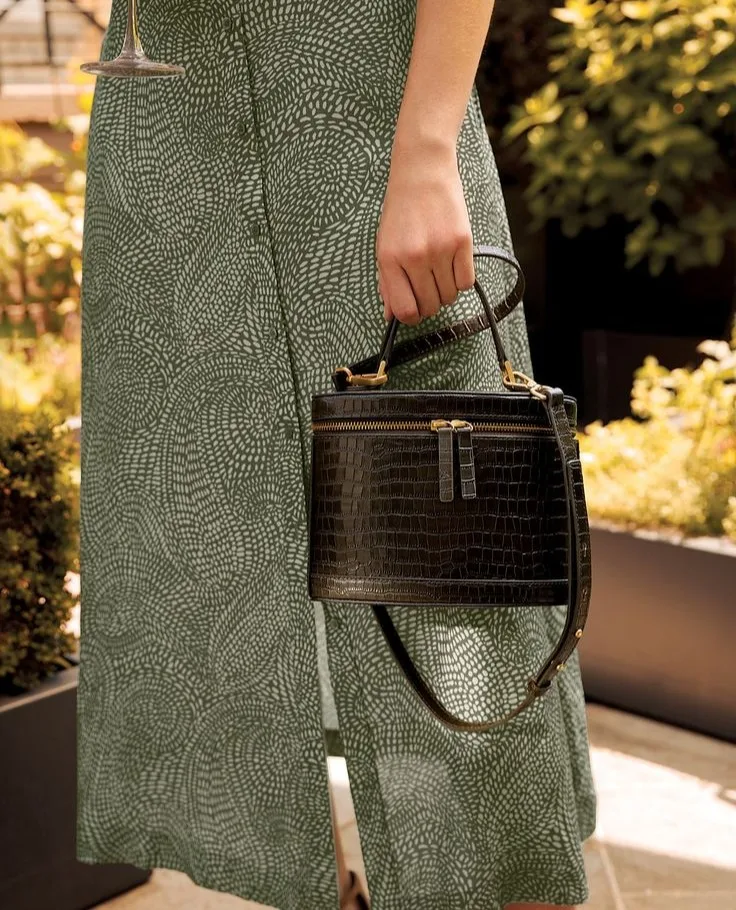 2026 fashion trends, black croc-embossed structured top-handle bag with gold hardware, sculptured handbags