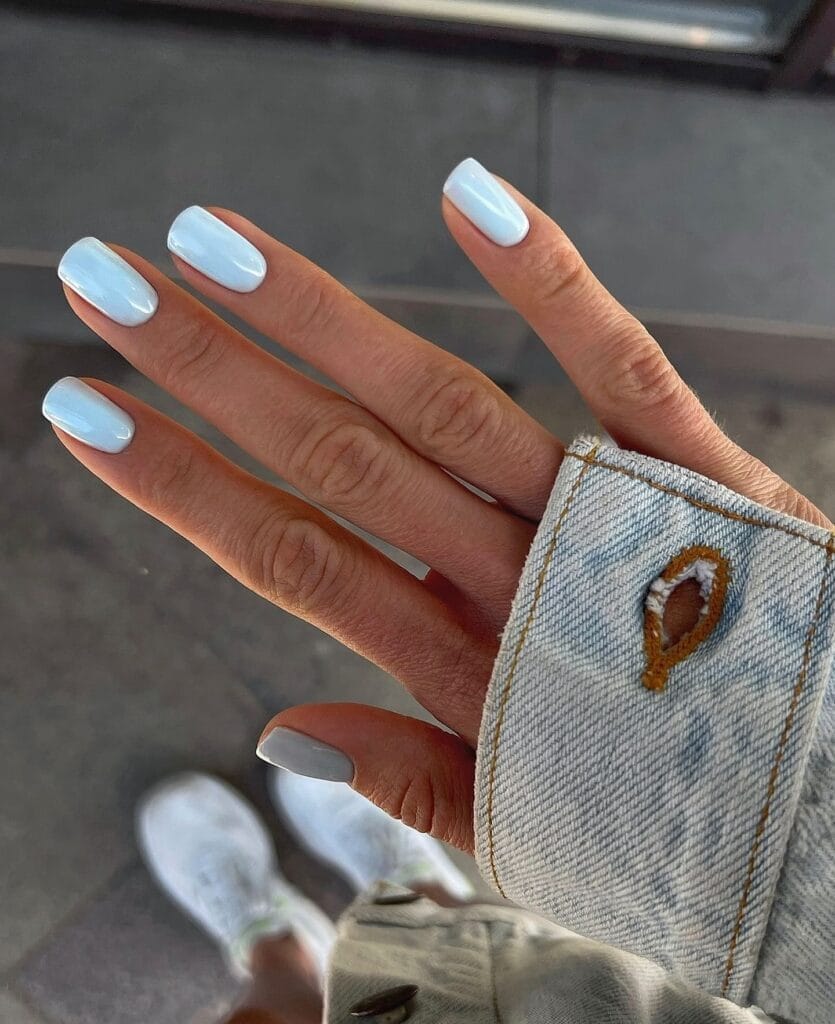 spring nail colors 2026, dusty sky blue squoval nails, glossy finish