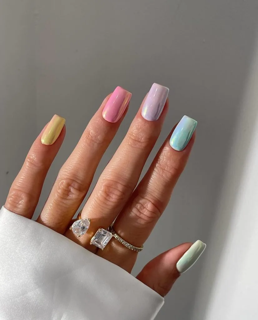 spring nail trends 2026, multicolor pastel chrome square nails in pink yellow lavender blue mint