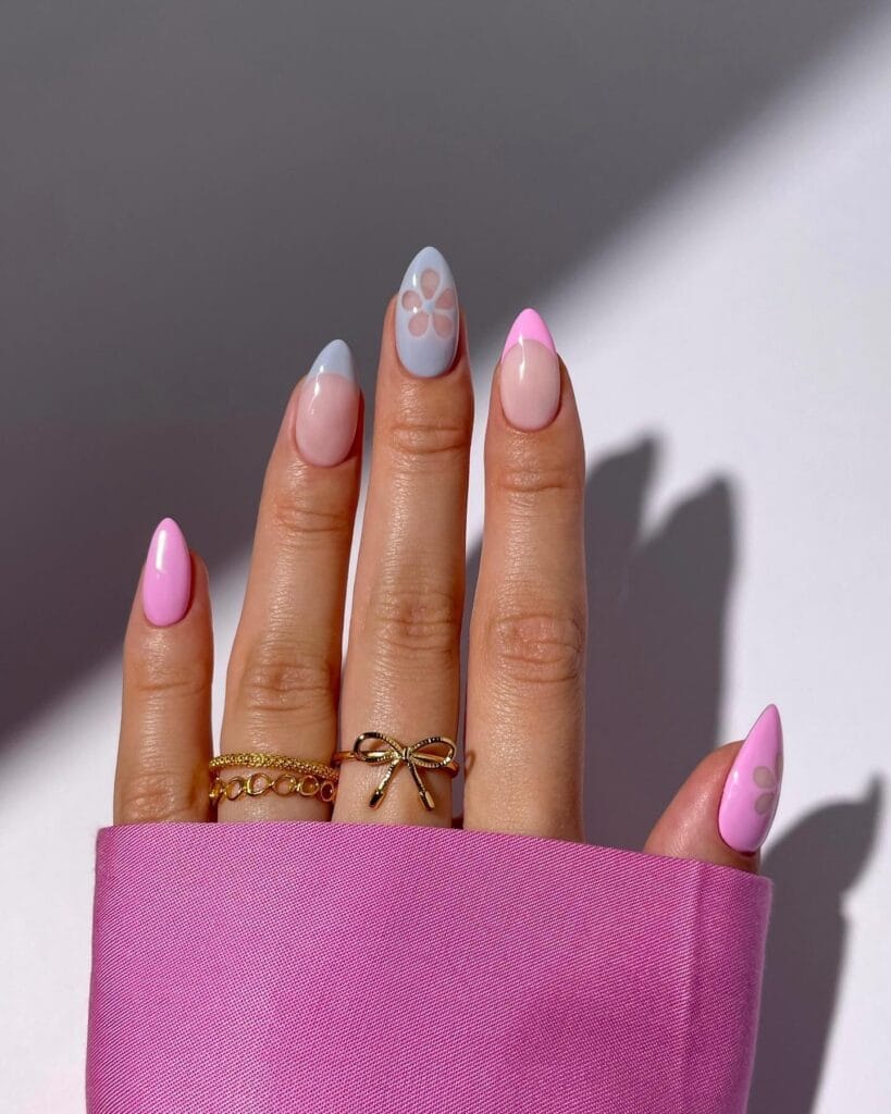 classy spring nails, almond pink nails with periwinkle blue flower accent and pink French tip