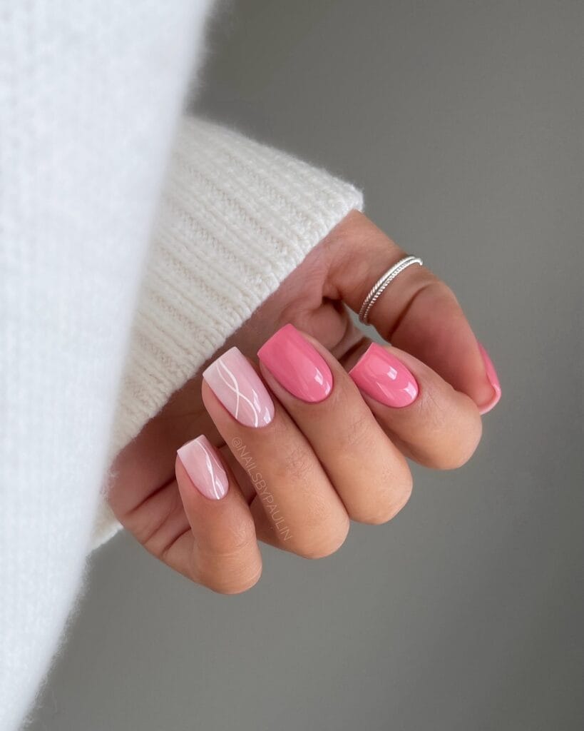 classy spring nails, short square pink nails with light pink white swirl accent nails
