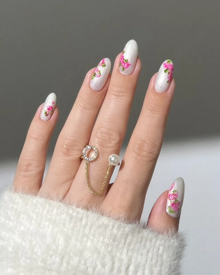classy spring nails, almond pearly milky white shimmer nails with hand-painted pink roses and green leaf art