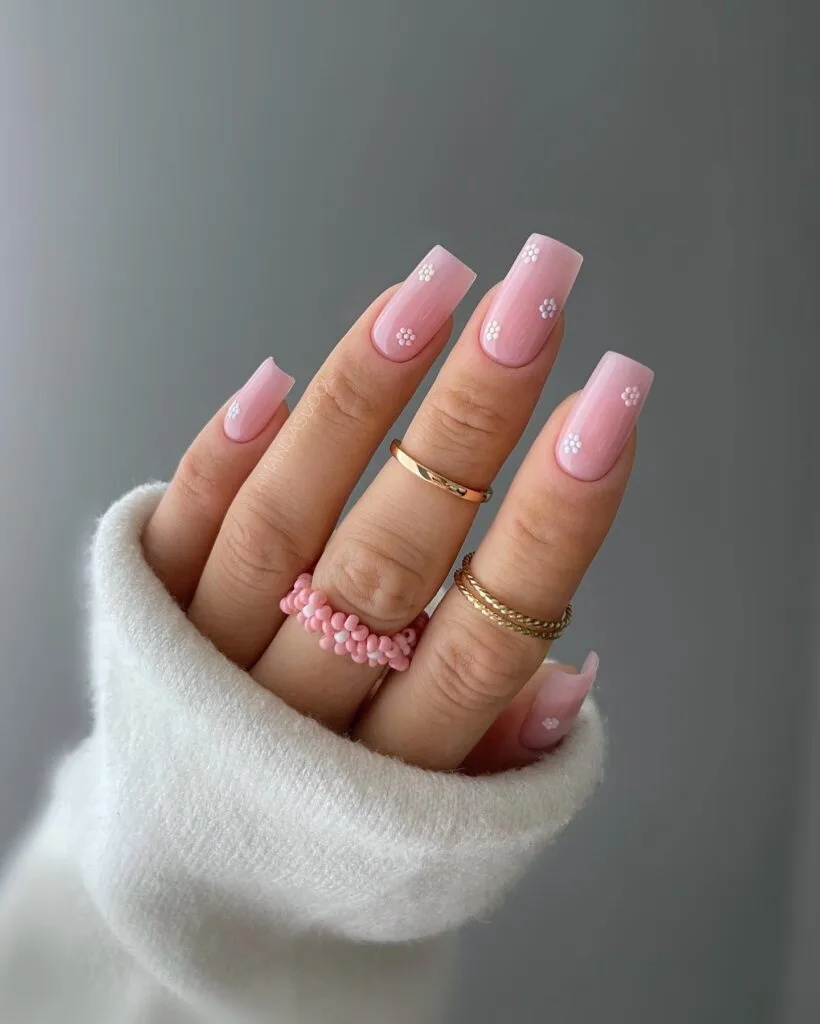 spring nail trends 2026, pink square nails with small white daisy flowers, glossy finish