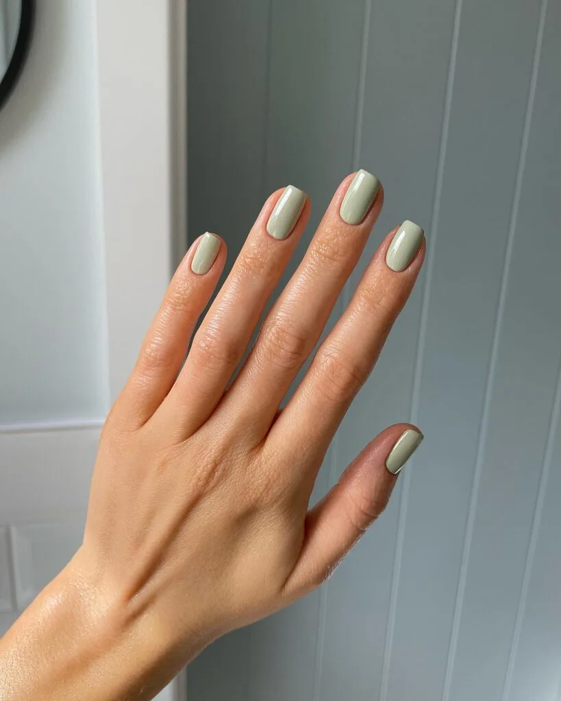 spring nail colors 2026, light sage green short square nails, glossy finish