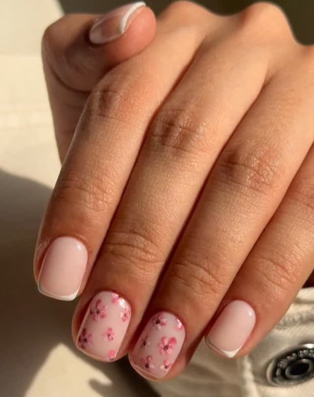 spring nail trends 2026, short round nails with pink cherry blossom accent and French tips