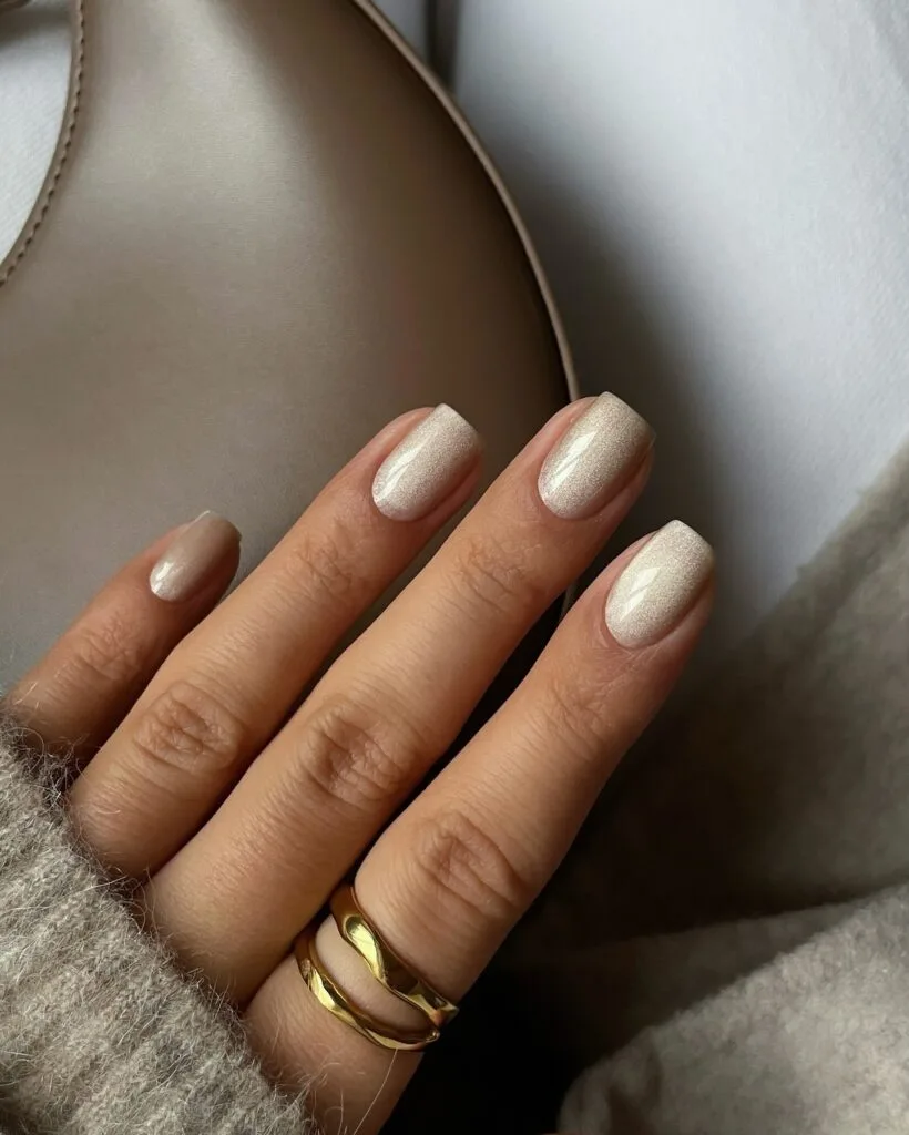 spring nail colors 2026, champagne shimmer short square nails with gold ring