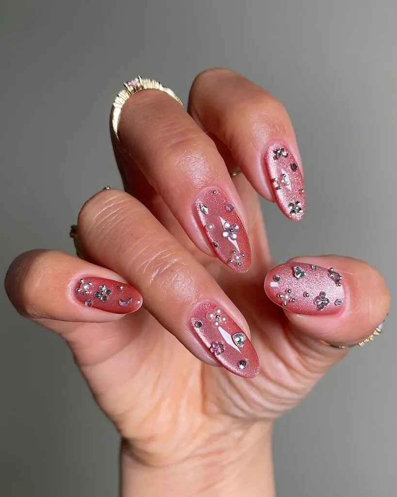 spring nail trends 2026, pink shimmer almond nails with gem clusters and pearl accents