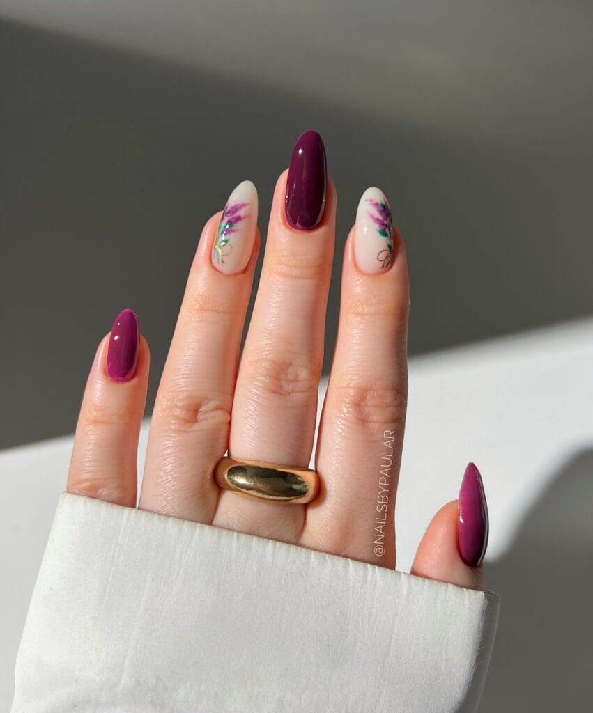 classy spring nails, almond deep plum nails with hand-painted purple lavender floral art on white