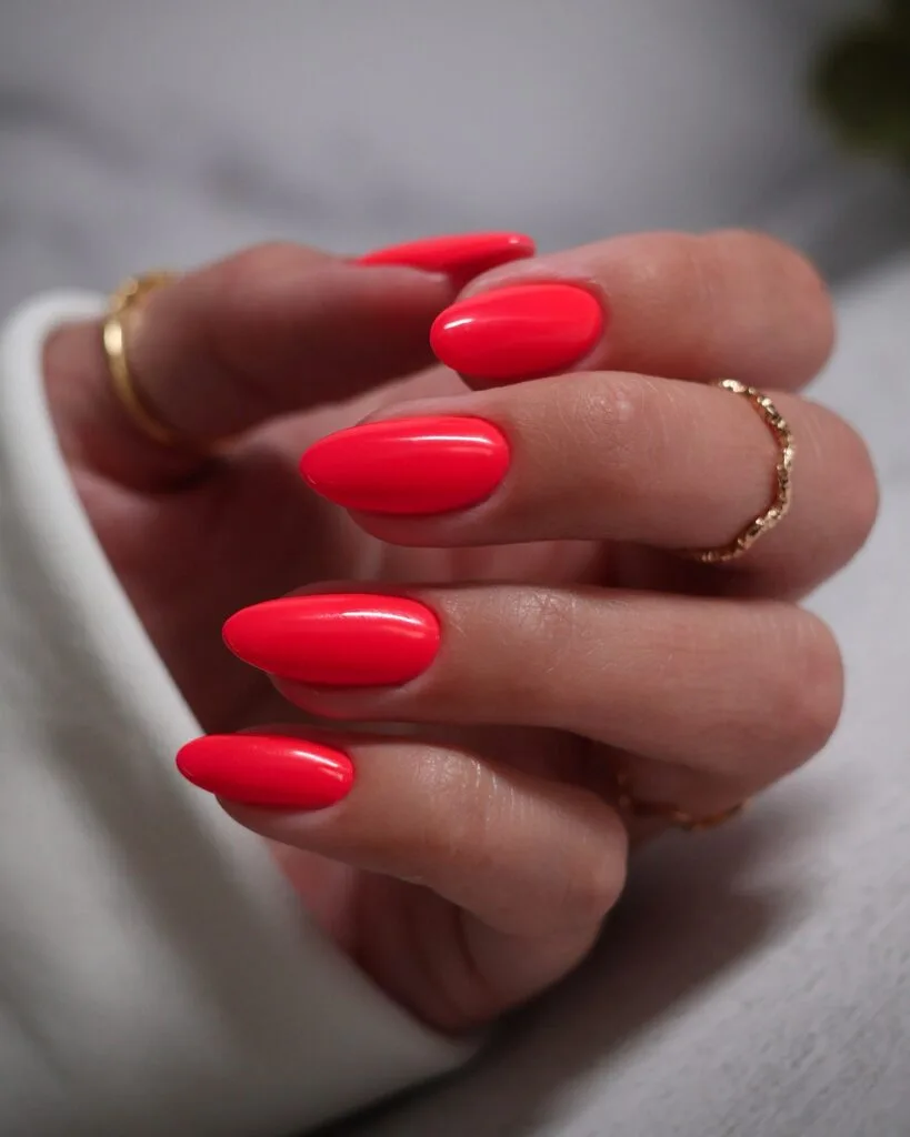 may nail colors, watermelon pink almond nails with glossy finish and gold rings
