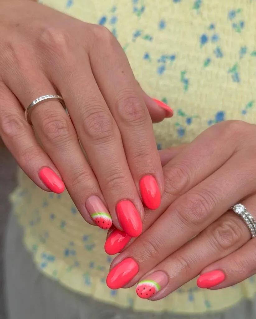 may nail colors, watermelon pink round nails with watermelon accent nail art