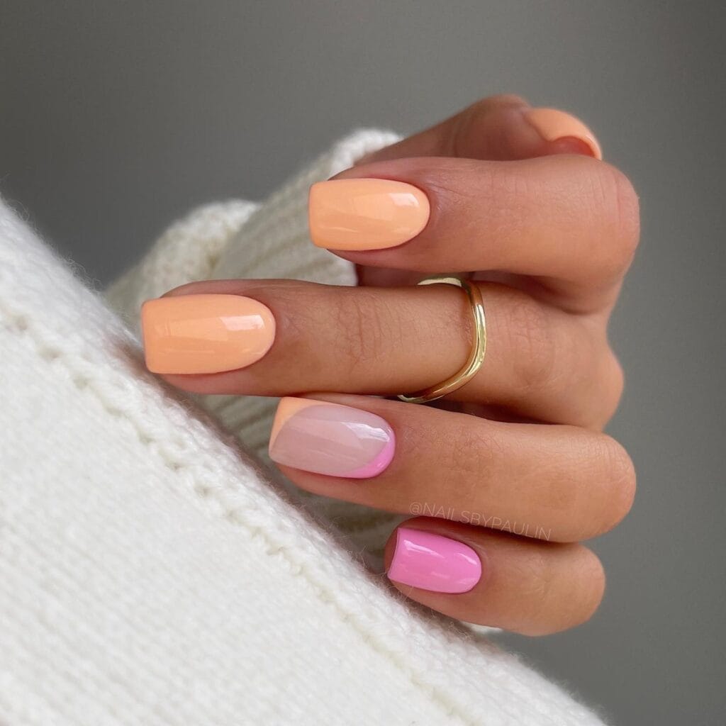 simple spring nails, short square peach and pink solid nails with milky accent nail and color outline details