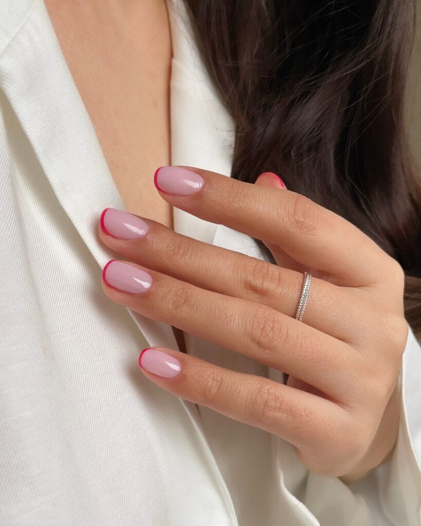 simple spring nails, short square nude pink nails with thin hot pink French tips