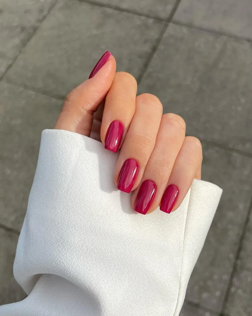 may nail colors, raspberry toned short square nails with glossy finish