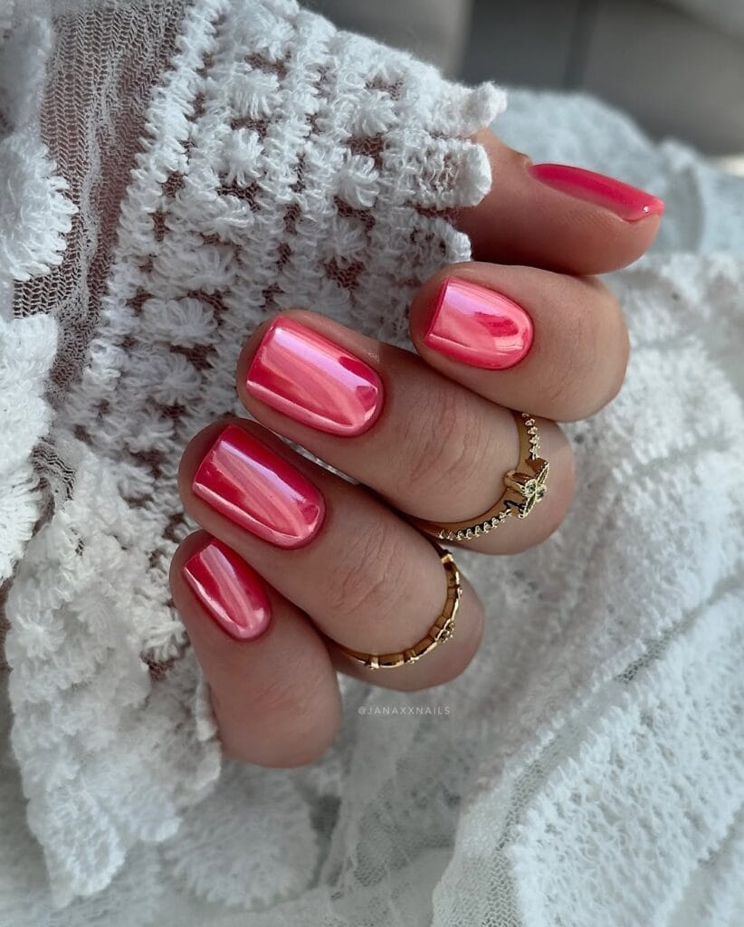 may nail colors, raspberry pink chrome short square nails with gold ring