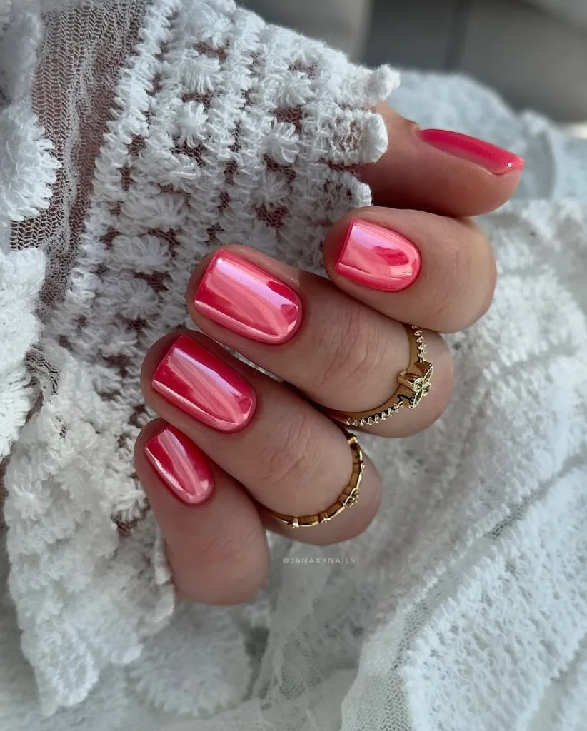 may nail colors, raspberry pink chrome short square nails with gold ring