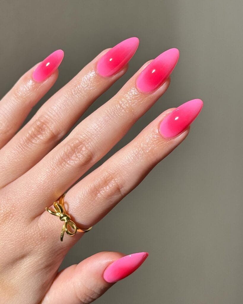 simple spring nails, almond hot pink aura nails with gradient blush center and sheer edges