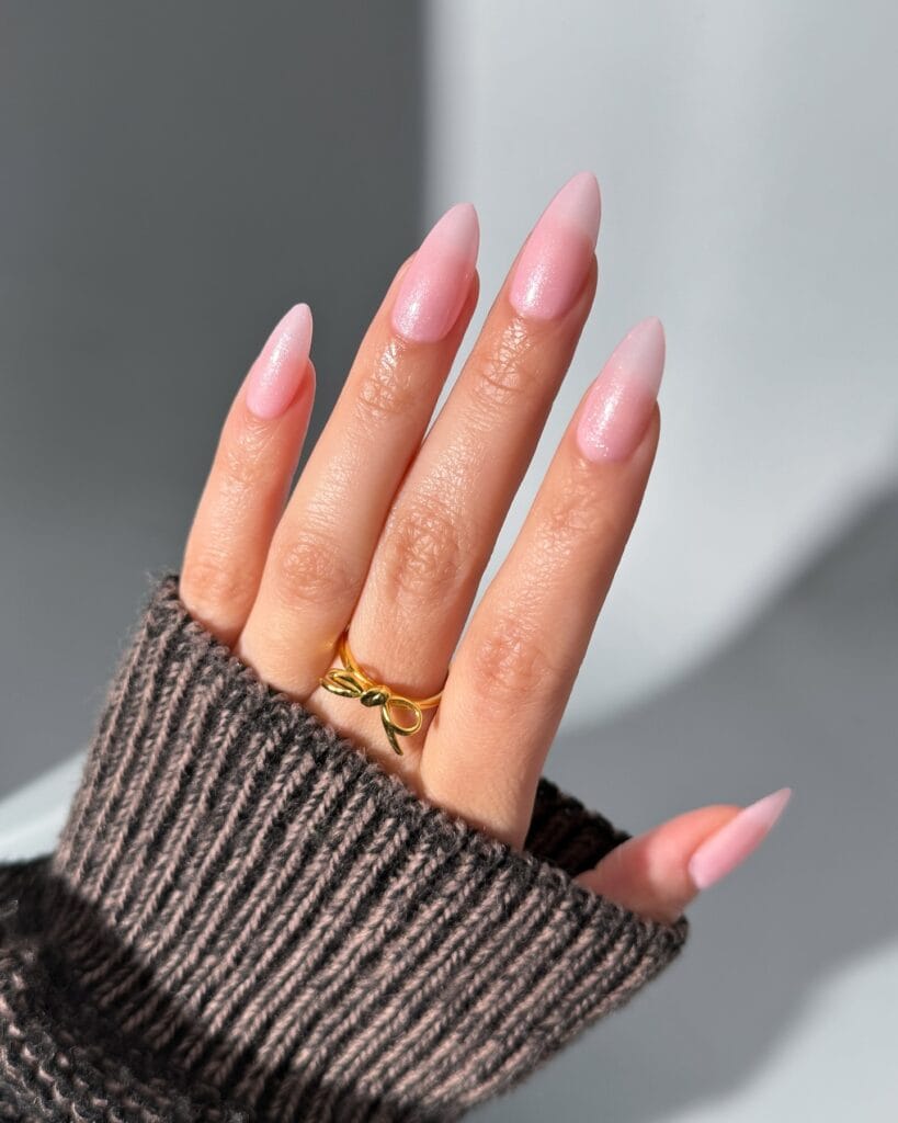 simple spring nails, long almond sheer pink shimmer glazed nails with glossy finish
