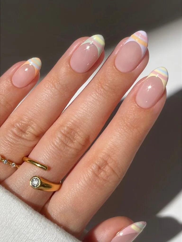 may nails, almond sheer nude nails with diagonal pastel rainbow stripe French tips in peach pink yellow blue mint
