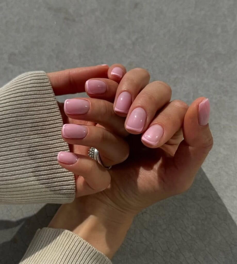 simple spring nails, short square soft pink nails with darker pink French tips tonal finish