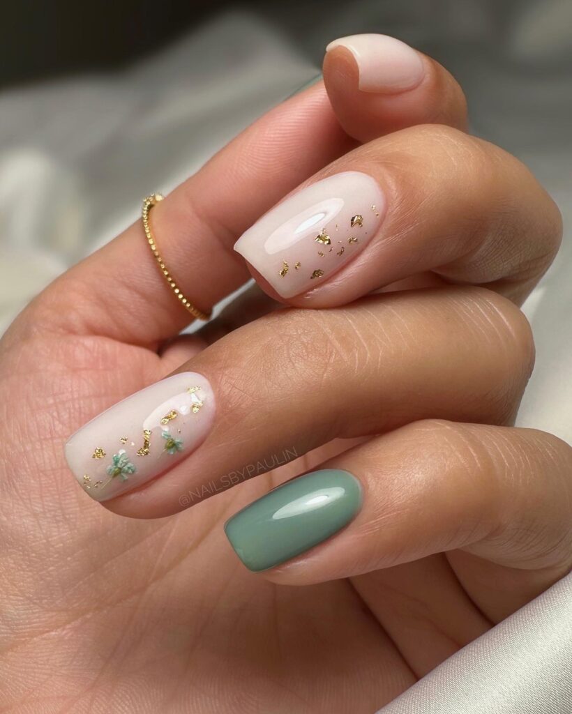 may nail colors, sheer pink nails with gold foil flakes and sage accent nail