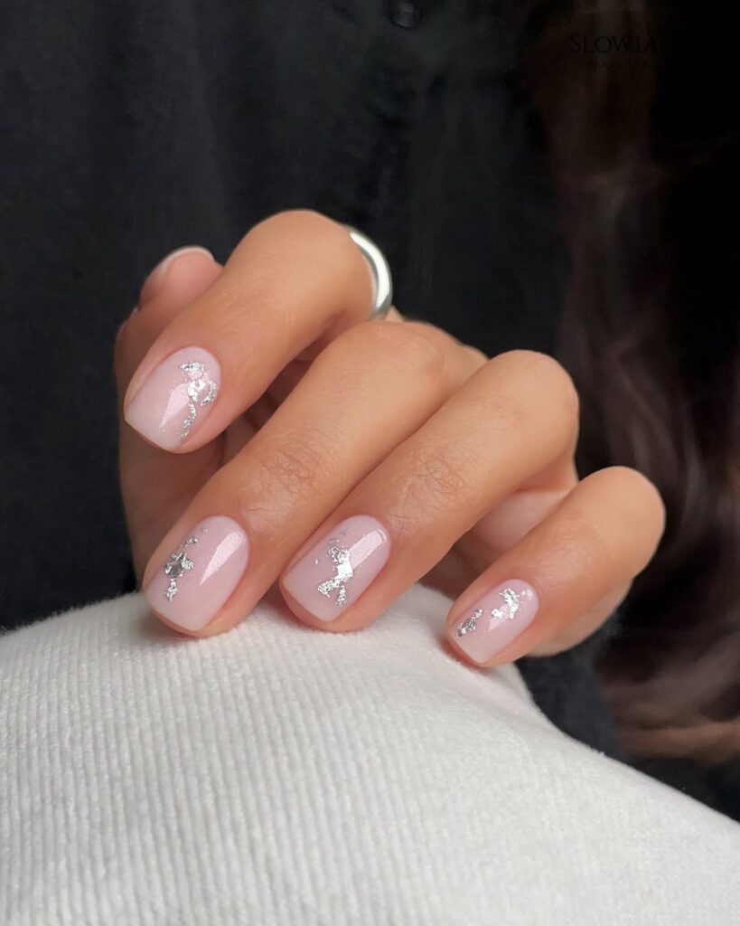 may nail colors, sheer pink short nails with silver foil detail