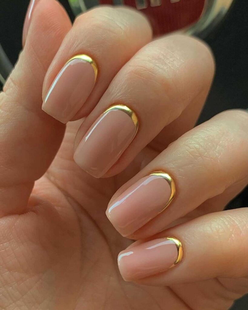may nail colors, nude nails with thin gold chrome cuff line at cuticle