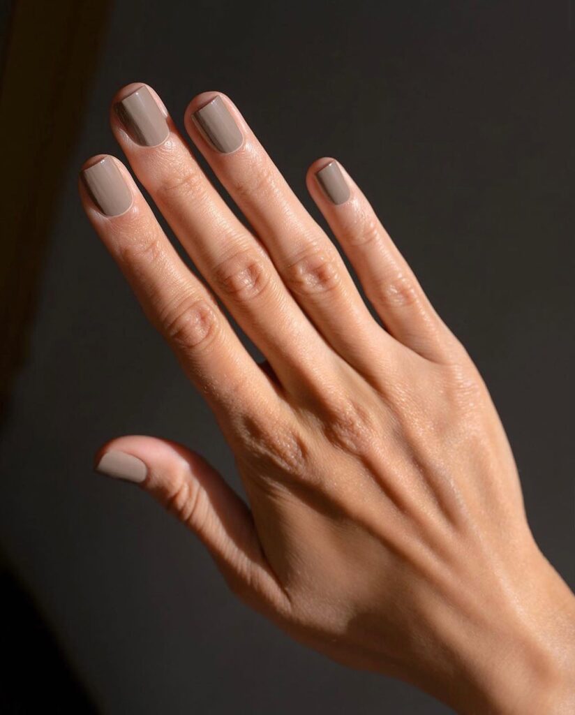 may nail colors, café taupe glossy short square nails in greige tone