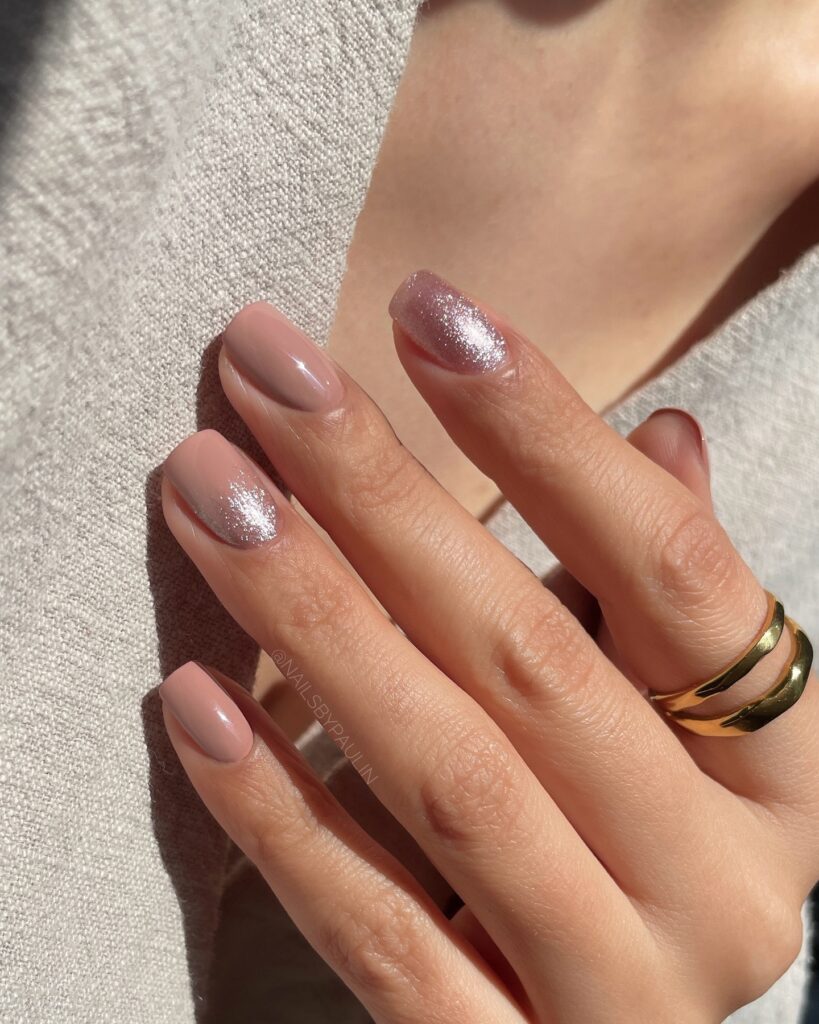 may nail colors, soft taupe short nails with pink shimmer accent nails