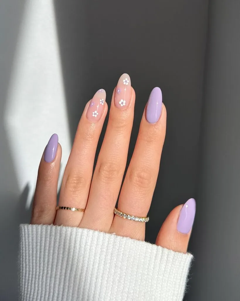 may nail colors, lavender almond nails with white floral accent nail art