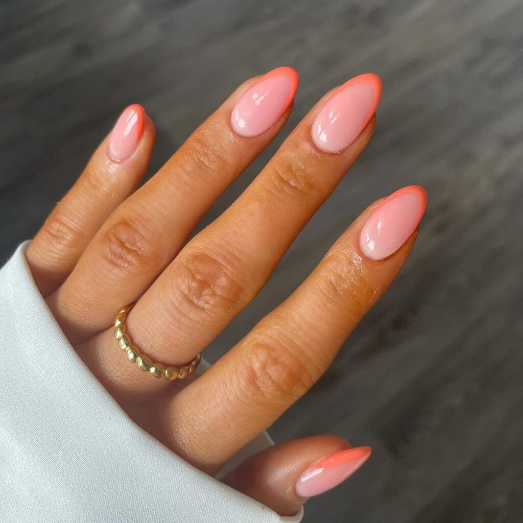 simple spring nails, almond sheer pink nails with coral peach French tips