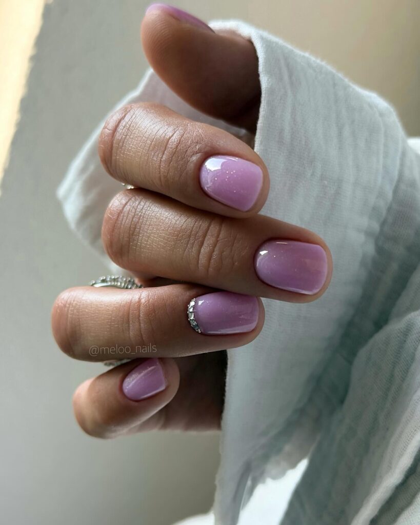 may nail colors, soft lavender glossy short square nails with shimmer