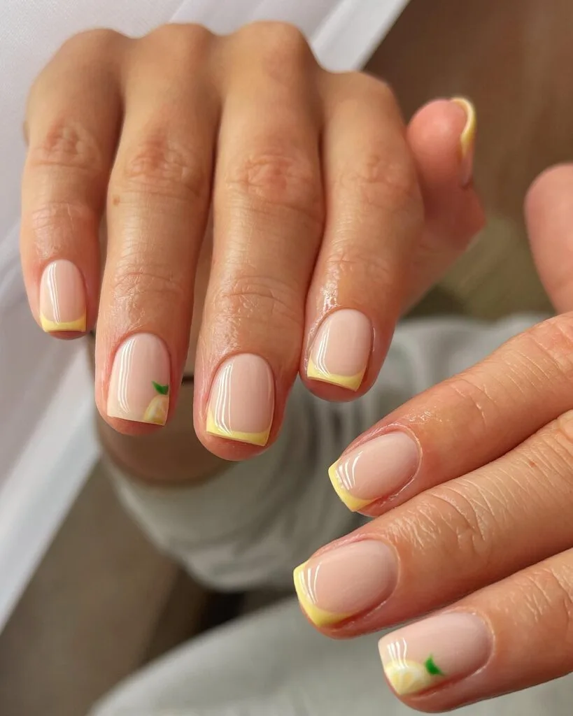may nail colors, lemon yellow French tips with lemon accent nail art