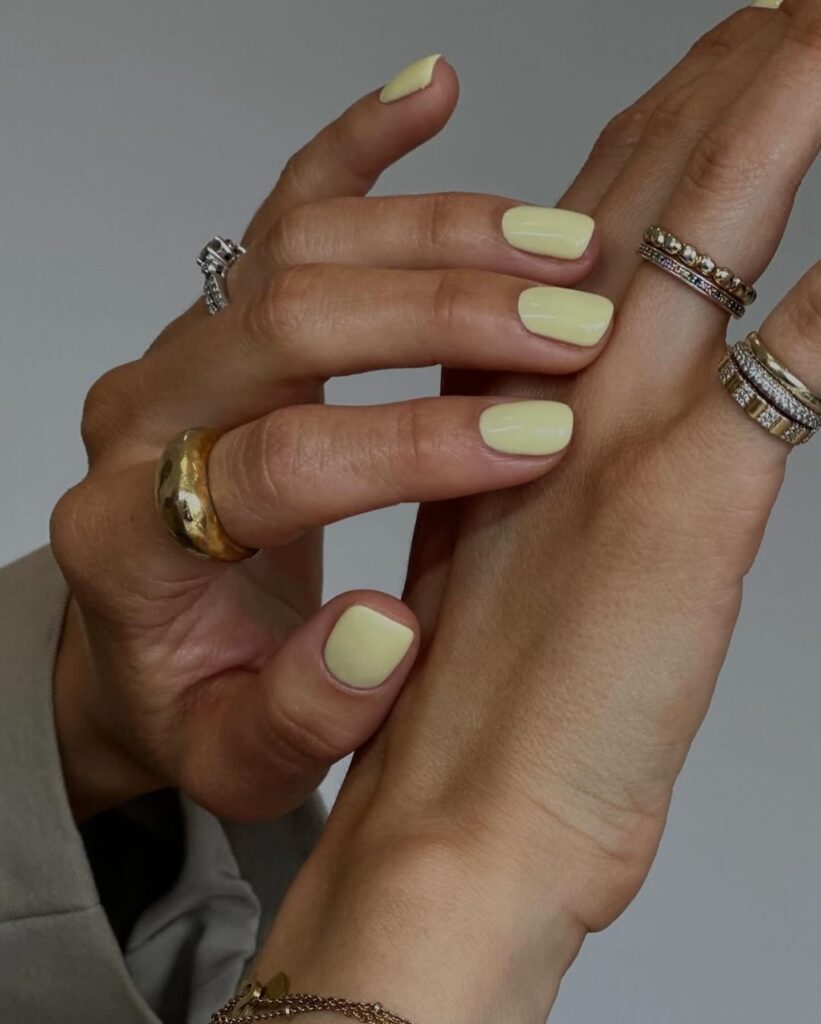 may nail colors, pastel lemon yellow glossy short square nails