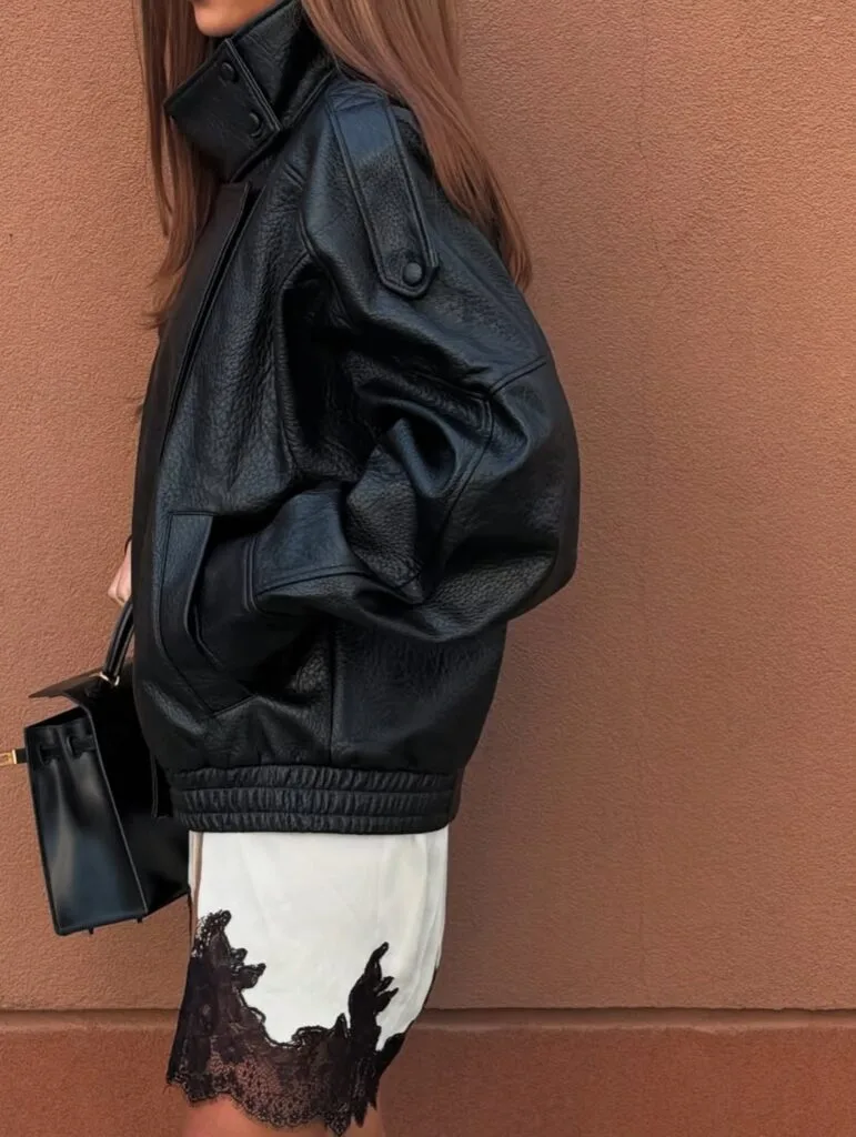 spring fashion trends 2026, white satin skirt with black lace trim under black leather jacket