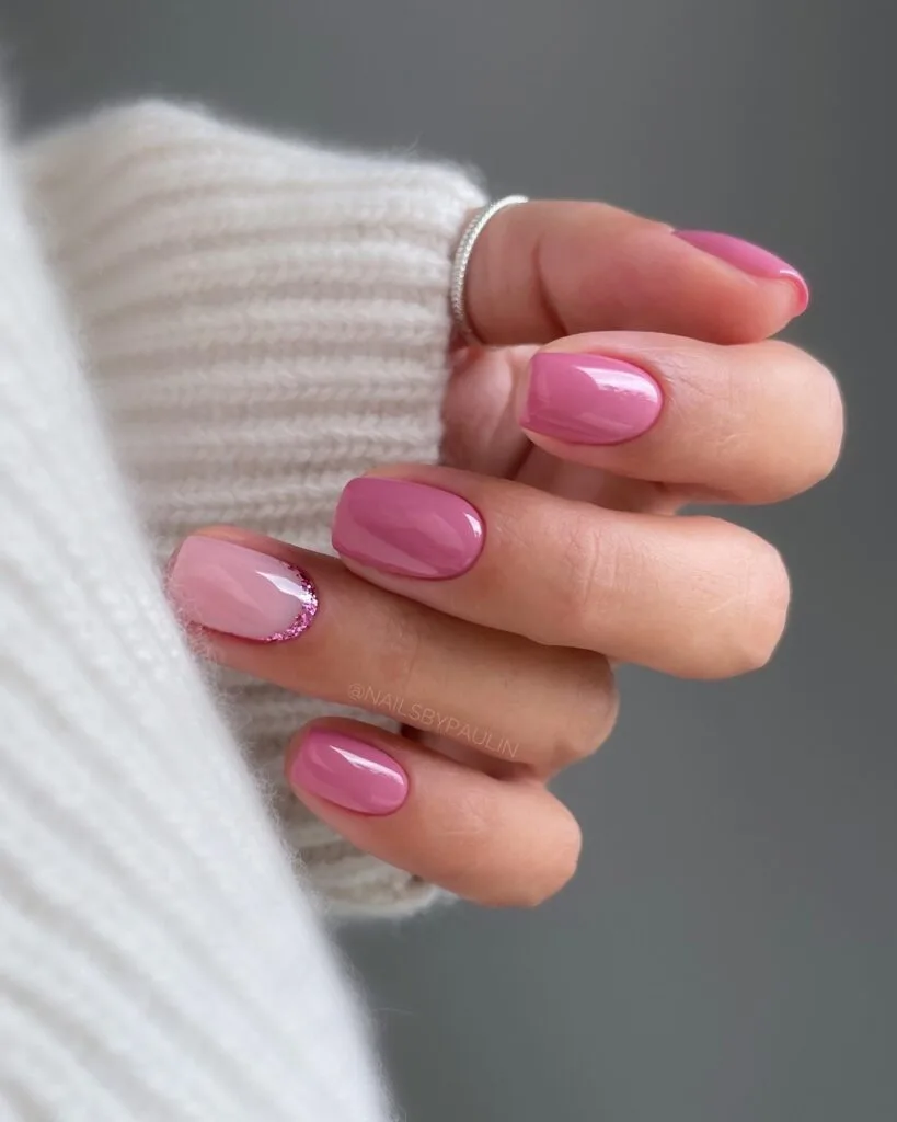 may nail colors, dusty rose pink glossy short nails with glitter accent