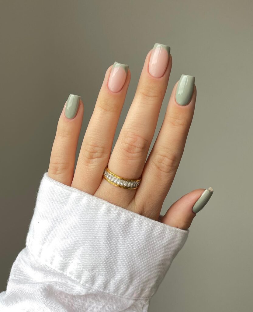 Image 3: may nail colors, muted sage green nails with nude French tip accent